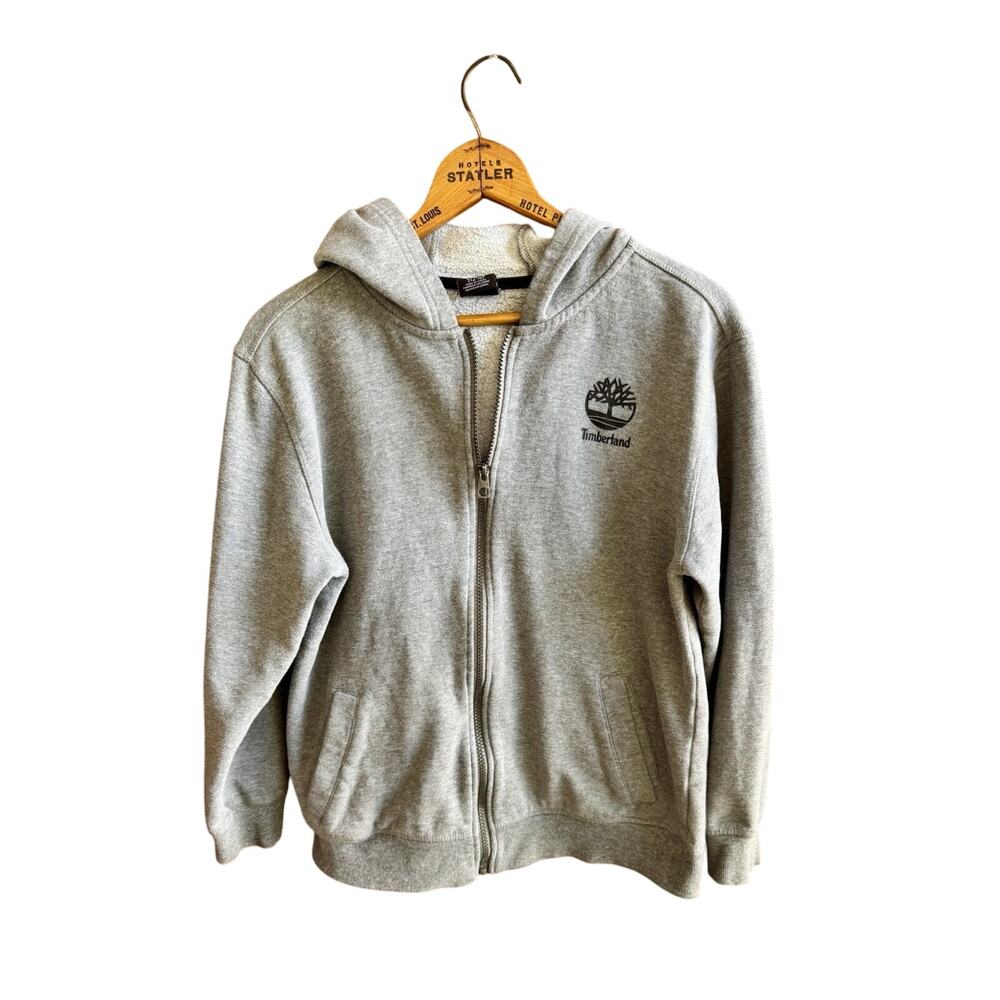 Timberland Fleece Logo Hoodie Gray Black Front Full Zip Boys Sz Large 14-16